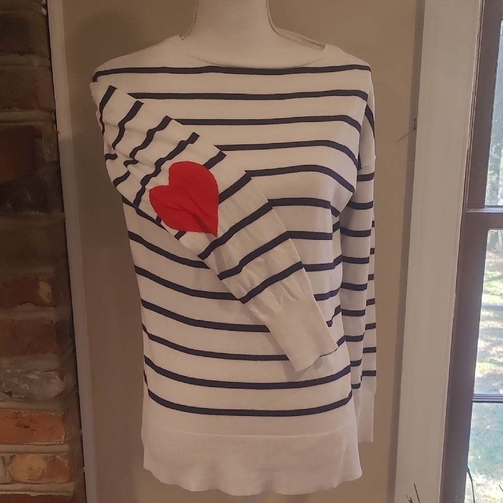 Marled Navy and White Striped Top With Heart Elbow Patches S